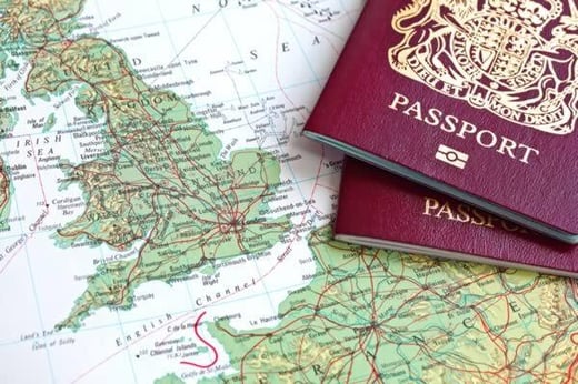 UK passports on a UK map