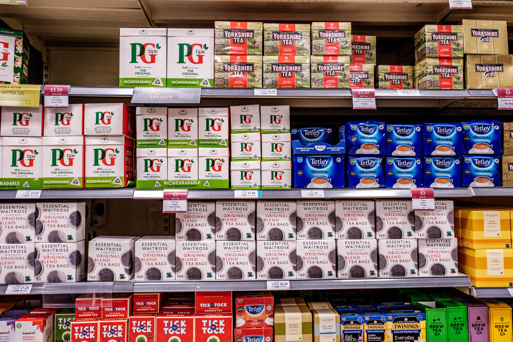 British teabag brands on a supermarket shelf.